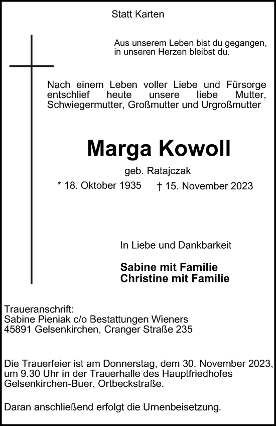 Traueranzeigen Von Marga Kowoll Trauer In Nrw De