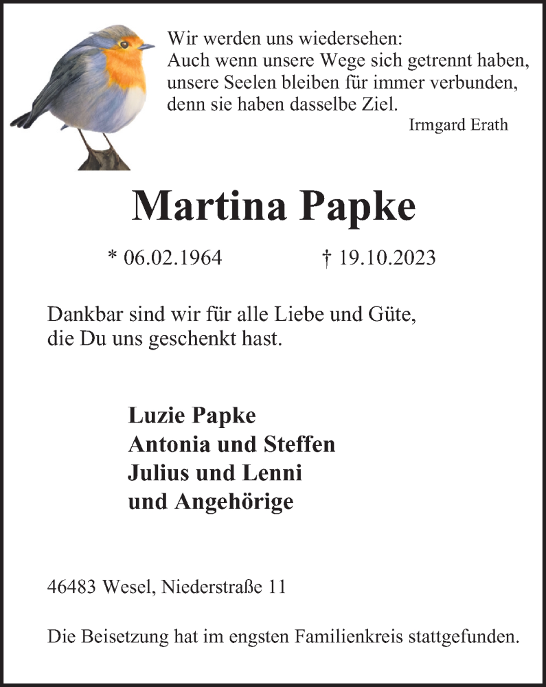 Traueranzeigen Von Martina Papke Trauer In Nrw De