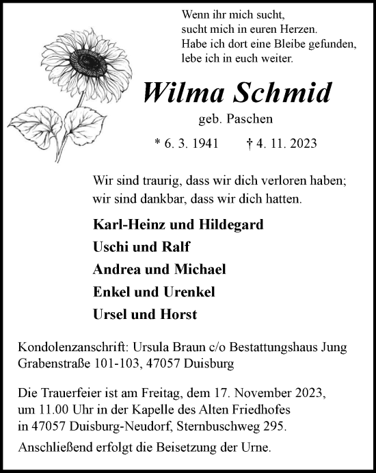 Traueranzeigen Von Wilma Schmid Trauer In Nrw De