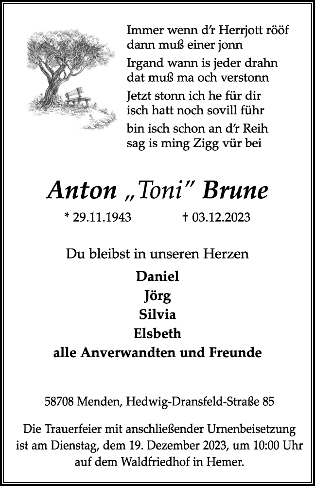 Traueranzeigen Von Anton Brune Trauer In Nrw De