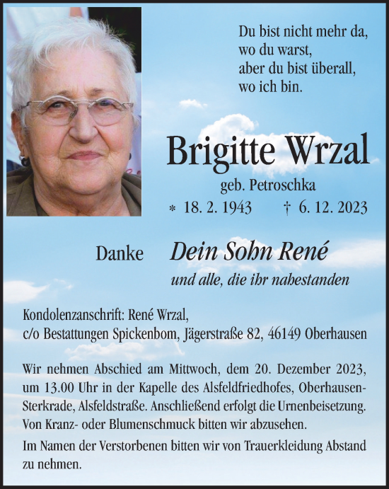 Traueranzeigen Von Brigitte Wrzal Trauer In Nrw De