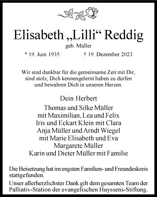 Traueranzeigen Von Elisabeth Reddig Trauer In Nrw De