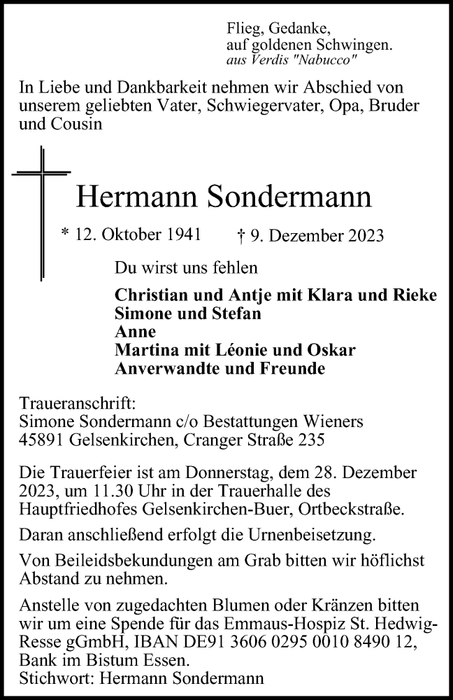 Traueranzeigen Von Hermann Sondermann Trauer In NRW De