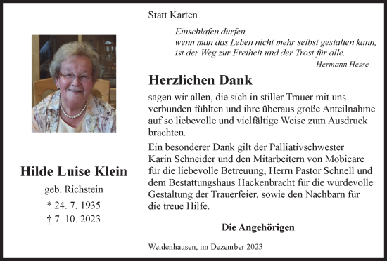 Traueranzeigen Von Hilde Luise Klein Trauer In Nrw De