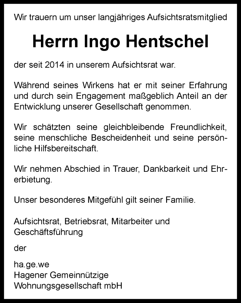 Traueranzeigen Von Ingo Hentschel Trauer In NRW De