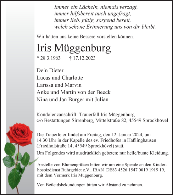 Traueranzeigen von Iris Müggenburg Trauer in NRW de