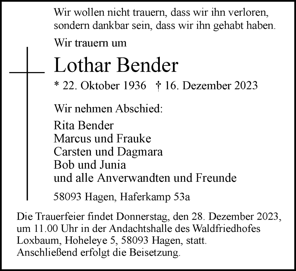 Traueranzeigen Von Lothar Bender Trauer In Nrw De