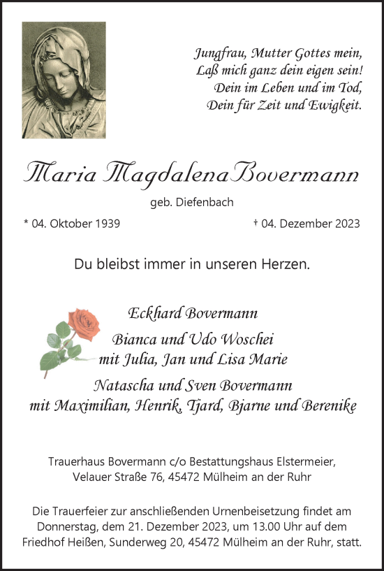 Traueranzeigen Von Maria Magdalena Bovermann Trauer In NRW De