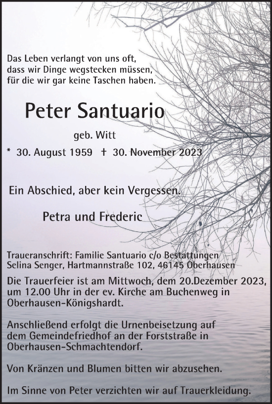 Traueranzeigen Von Peter Santuario Trauer In NRW De