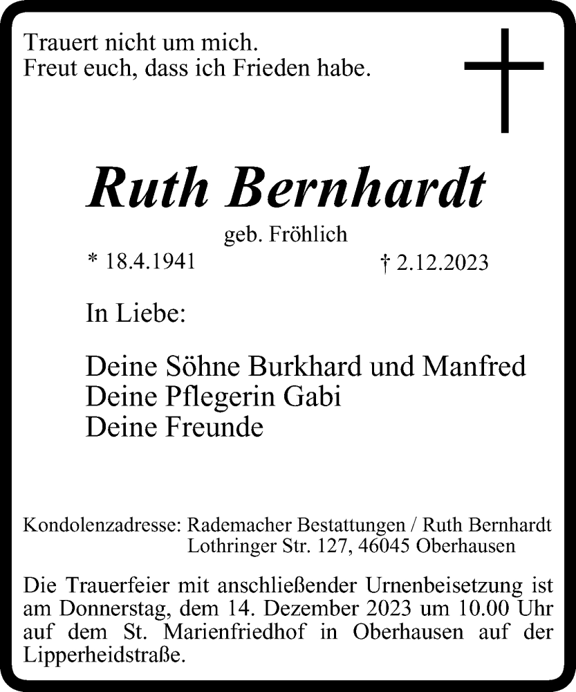 Traueranzeigen Von Ruth Bernhardt Trauer In NRW De