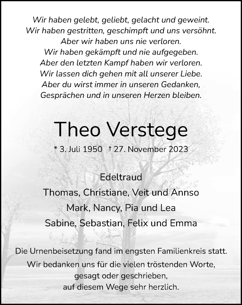 Traueranzeigen Von Theo Verstege Trauer In Nrw De