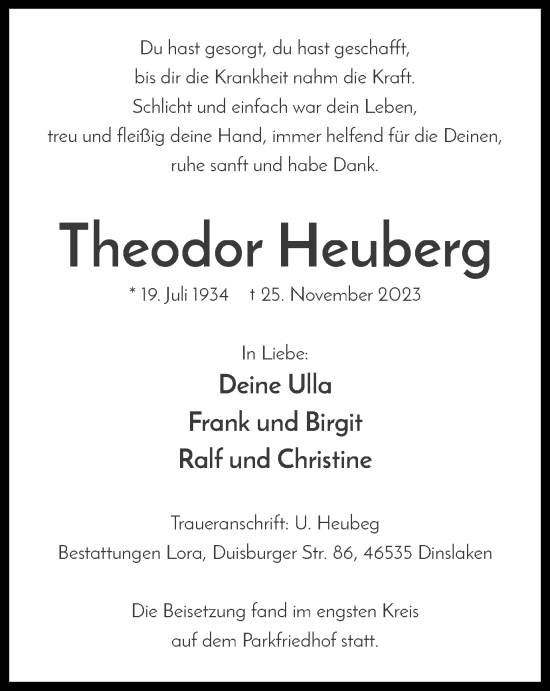 Traueranzeigen Von Theodor Heuberg Trauer In NRW De