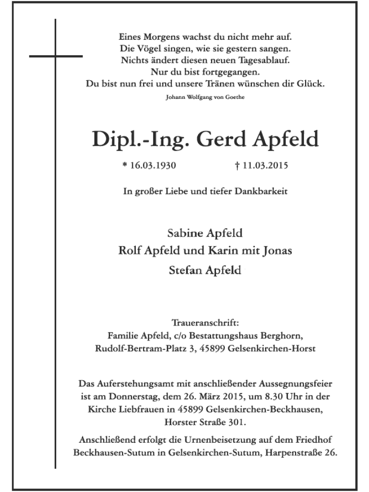 Traueranzeigen Von Apfeld Gerd Trauer In NRW De