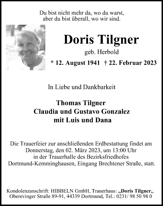 Traueranzeigen Von Doris Tilgner Trauer In NRW De