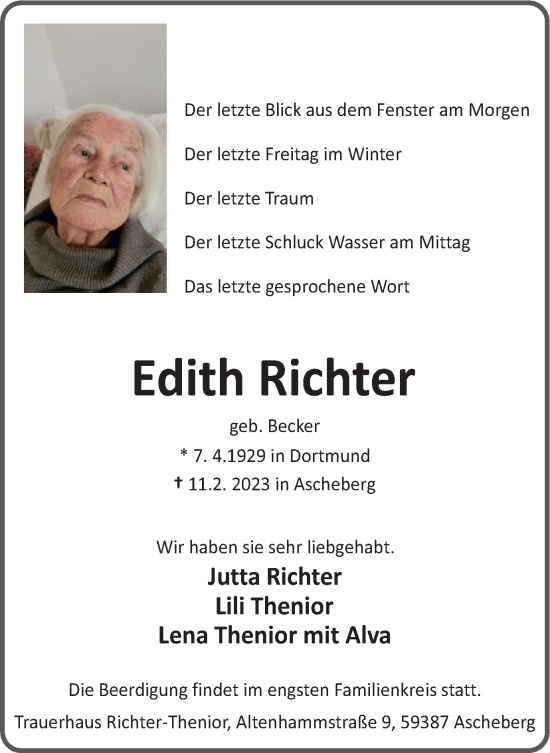 Traueranzeigen Von Edith Richter Trauer In Nrw De