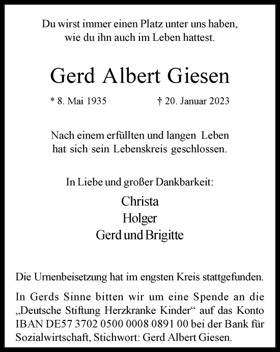 Traueranzeigen Von Gerd Albert Giesen Trauer In Nrw De