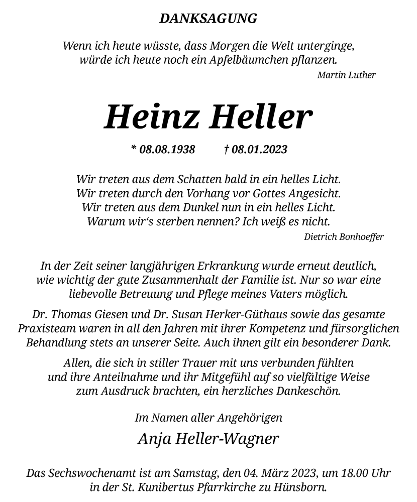 Traueranzeigen Von Heinz Heller Trauer In NRW De