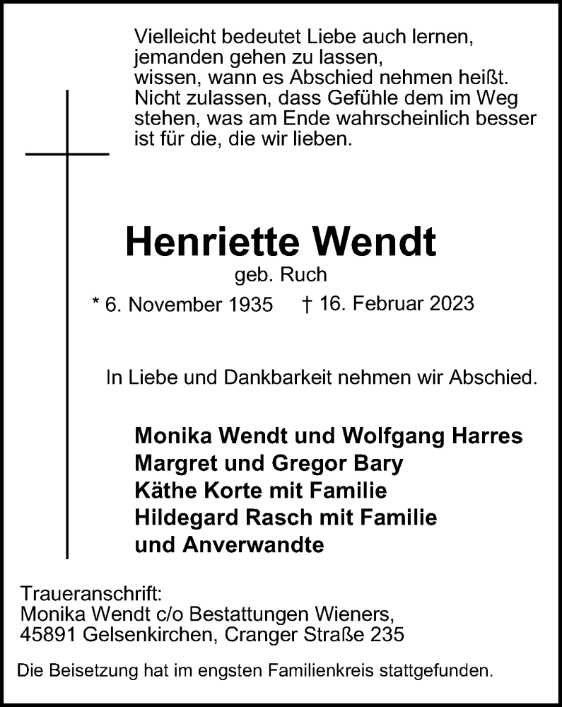 Traueranzeigen Von Henriette Wendt Trauer In Nrw De