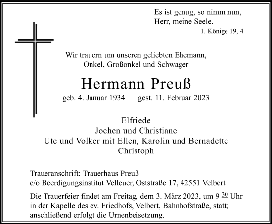 Traueranzeigen Von Hermann Preu Trauer In Nrw De