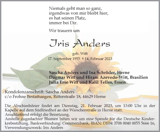 Traueranzeigen Von Iris Anders Trauer In Nrw De