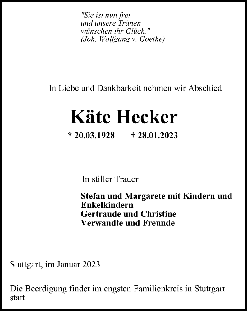 Traueranzeigen von Käte Hecker Trauer in NRW de