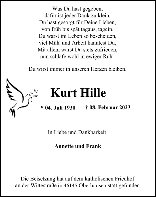 Traueranzeigen Von Kurt Hille Trauer In Nrw De