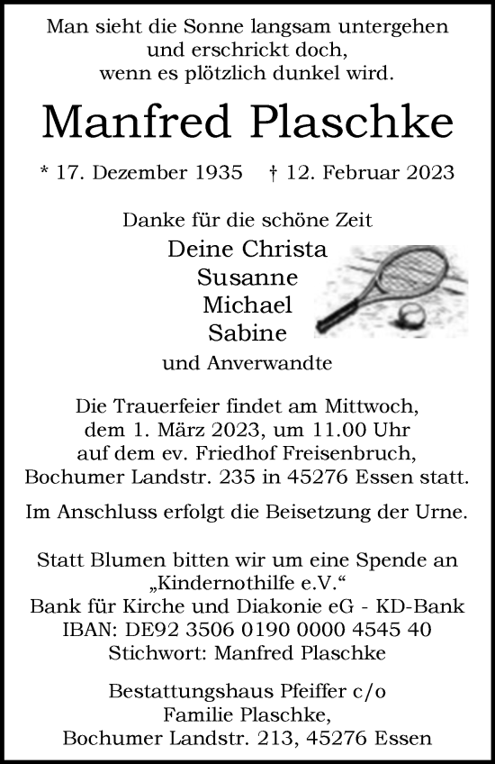 Traueranzeigen Von Manfred Plaschke Trauer In Nrw De