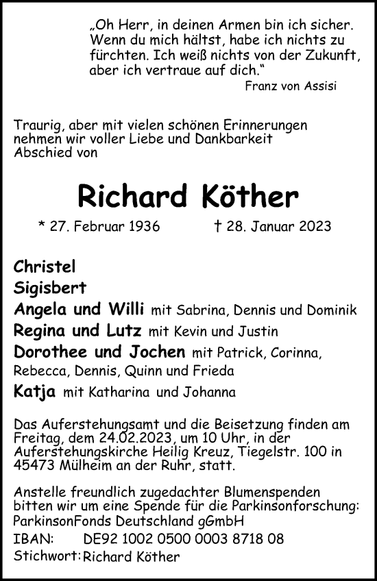 Traueranzeigen Von Richard K Ther Trauer In Nrw De