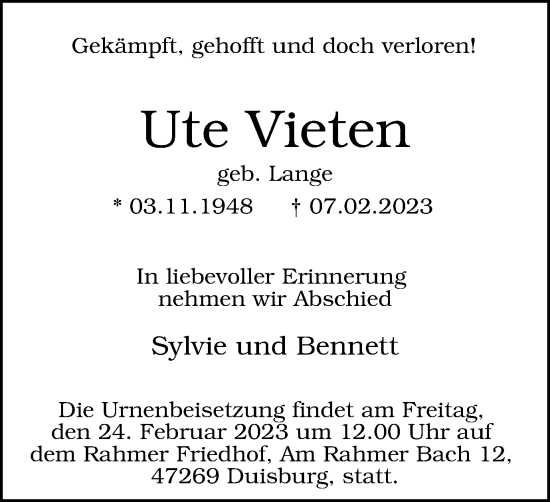 Traueranzeigen Von Ute Vieten Trauer In Nrw De