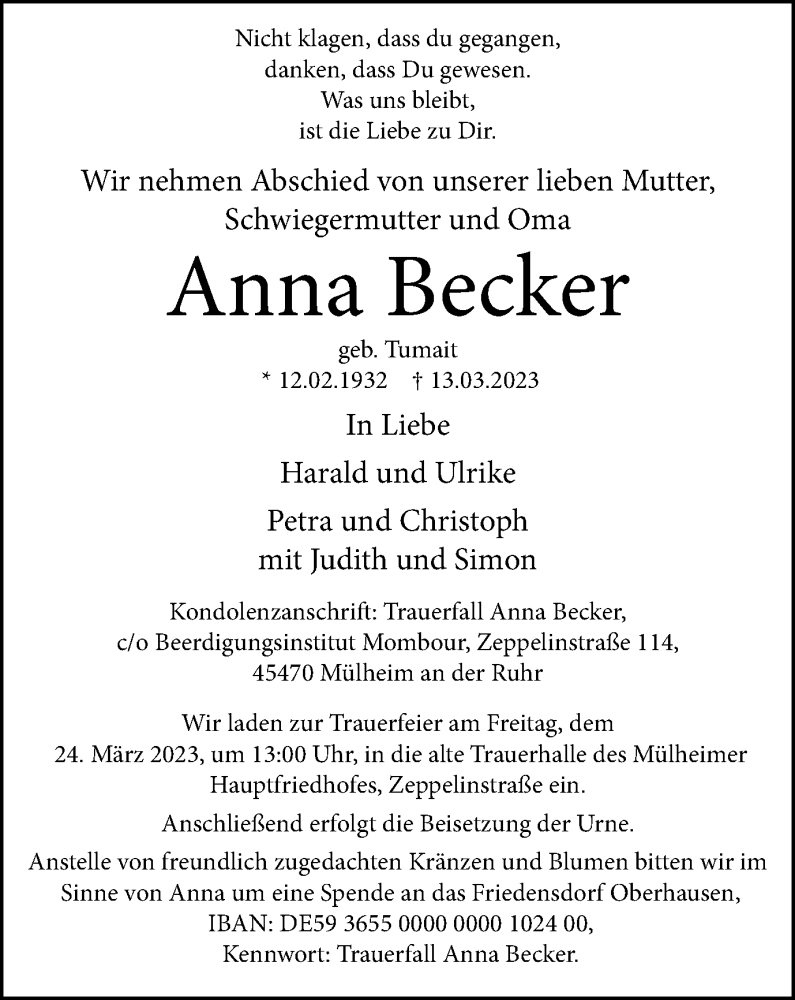 Traueranzeigen Von Anna Becker Trauer In NRW De