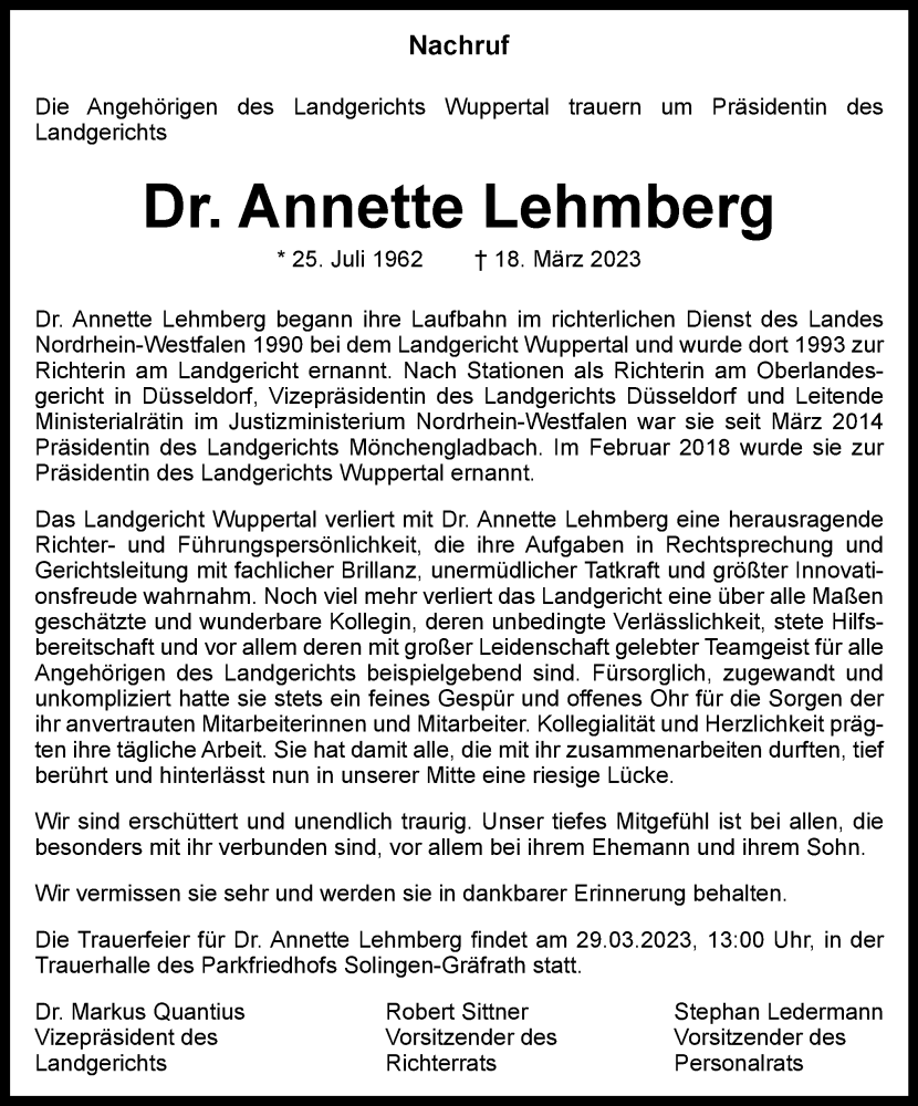 Traueranzeigen Von Annette Lehmberg Trauer In Nrw De