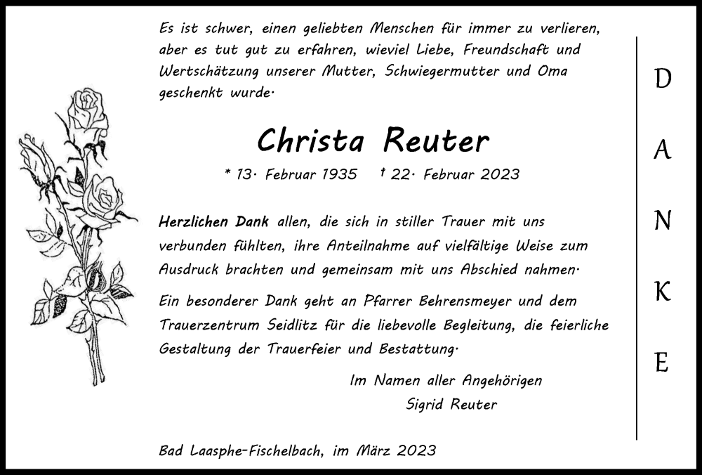 Traueranzeigen Von Christa Reuter Trauer In NRW De