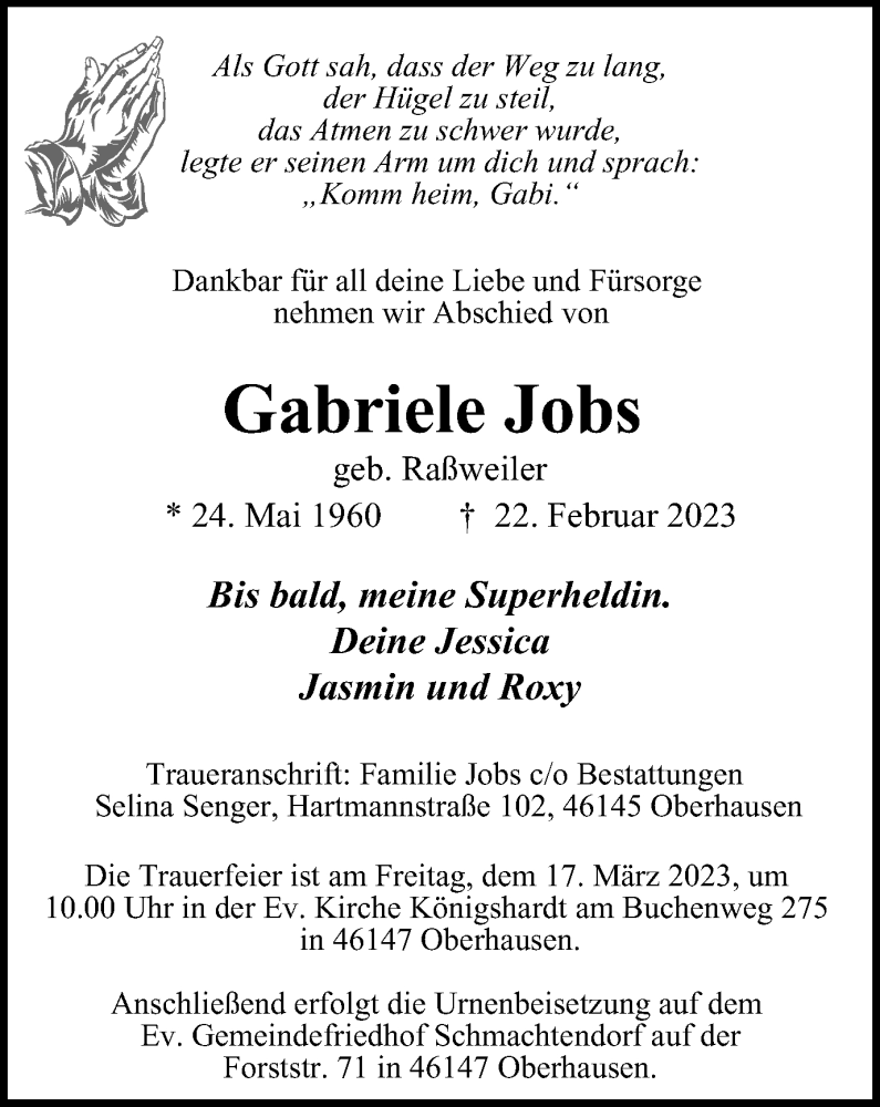 Traueranzeigen Von Gabriele Jobs Trauer In NRW De