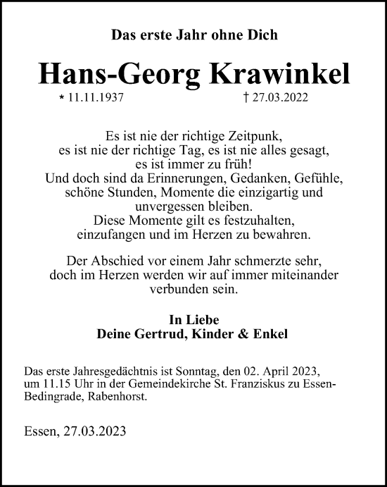 Traueranzeigen Von Hans Georg Krawinkel Trauer In Nrw De