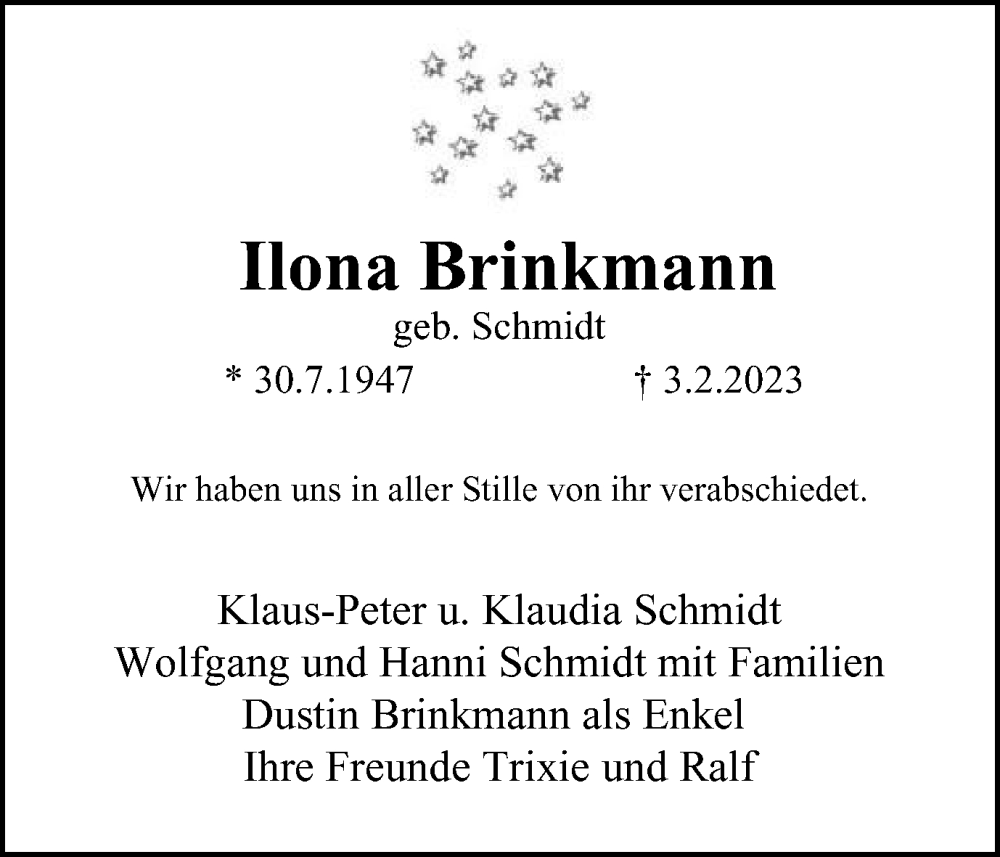 Traueranzeigen Von Ilona Brinkmann Trauer In NRW De