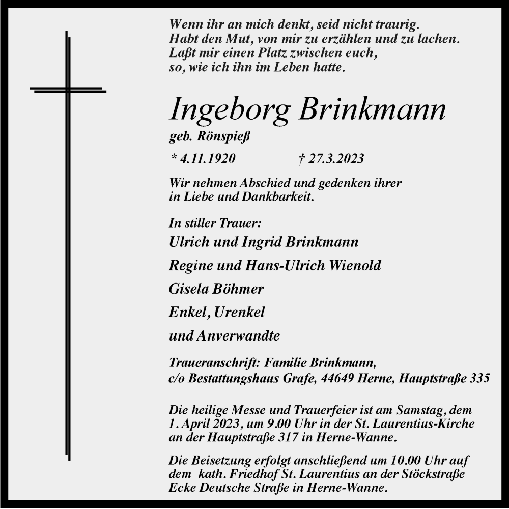 Traueranzeigen Von Ingeborg Brinkmann Trauer In NRW De