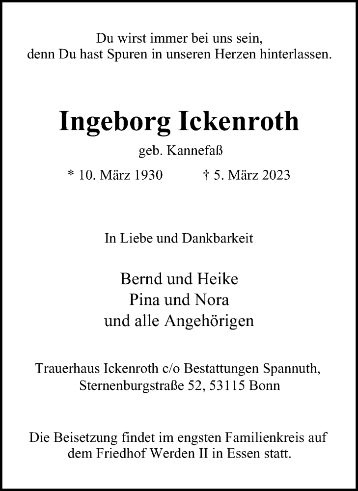 Traueranzeigen Von Ingeborg Ickenroth Trauer In Nrw De