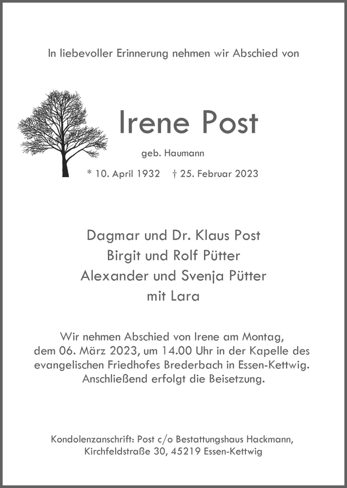 Traueranzeigen Von Irene Post Trauer In Nrw De