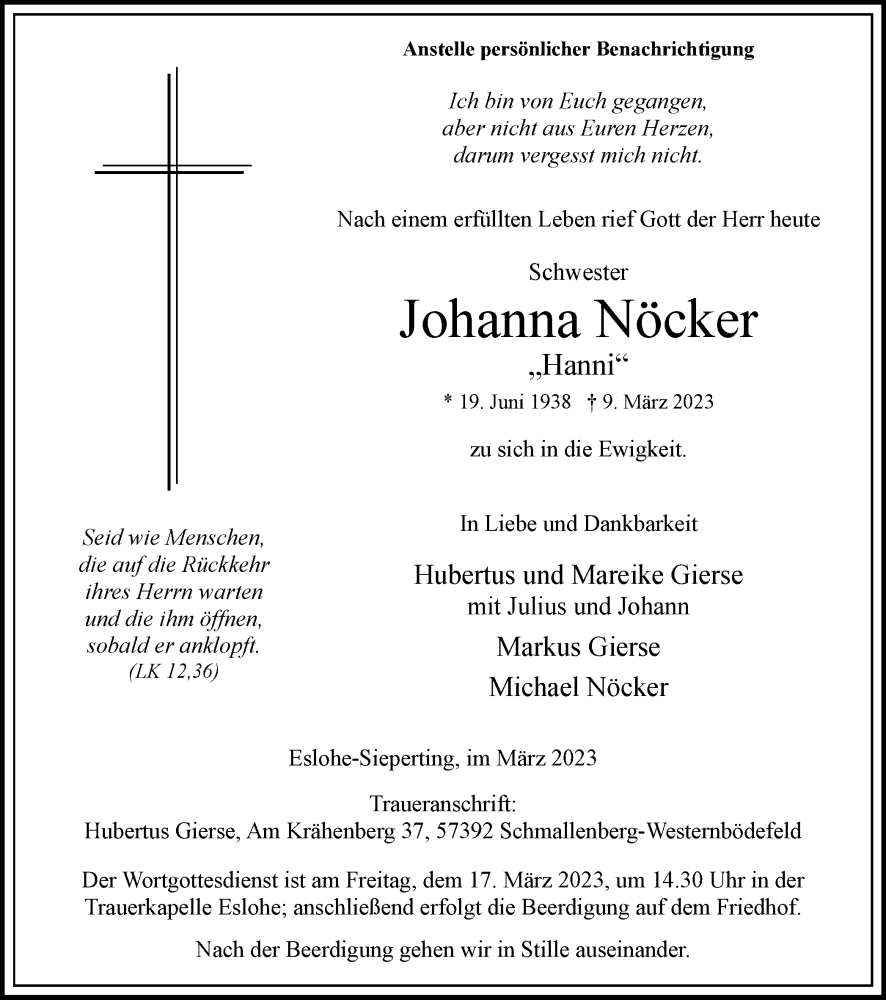 Traueranzeigen von Johanna Nöcker Trauer in NRW de