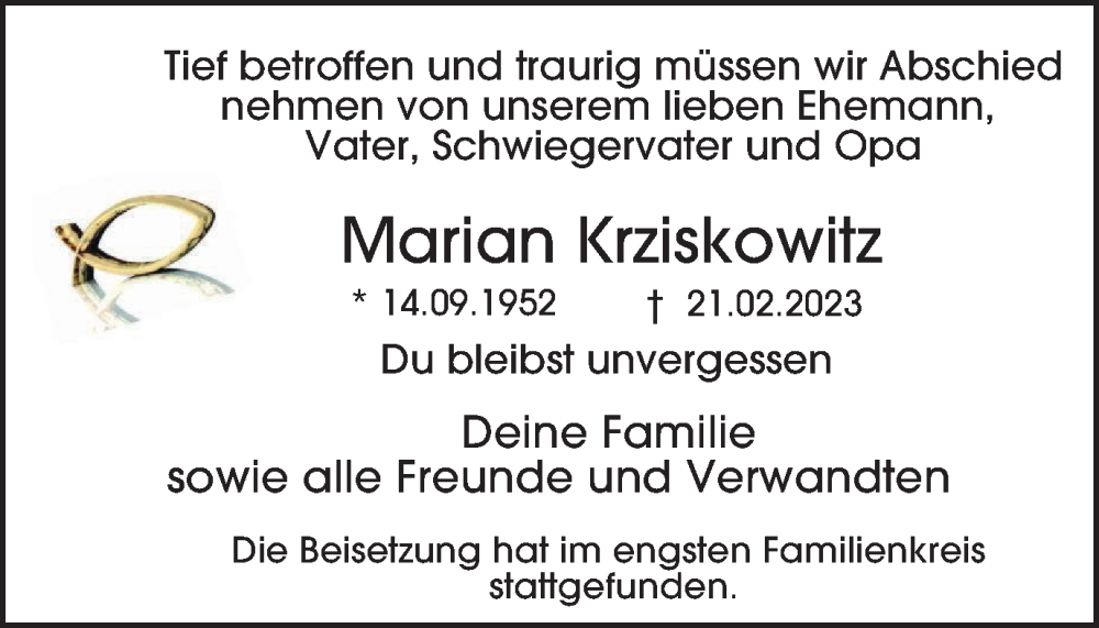 Traueranzeigen Von Marian Krziskowitz Trauer In NRW De