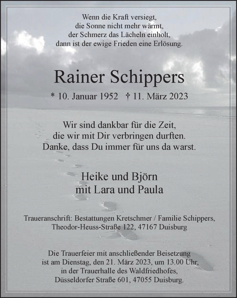 Traueranzeigen Von Rainer Schippers Trauer In Nrw De