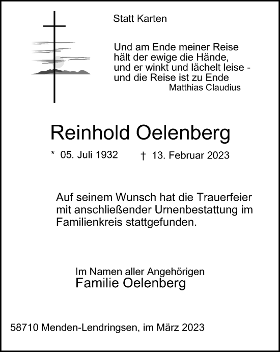 Traueranzeigen Von Reinhold Oelenberg Trauer In Nrw De