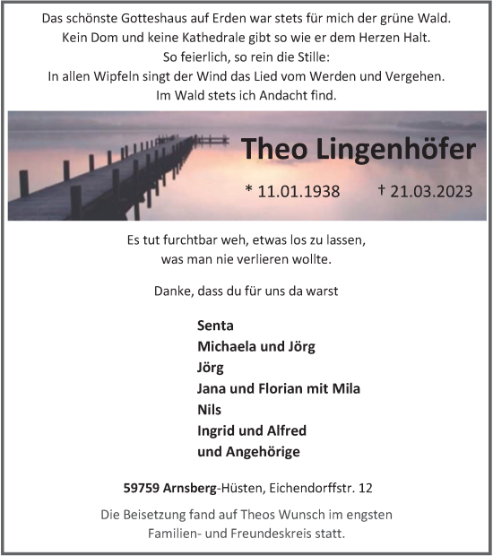 Traueranzeigen Von Theo Lingenh Fer Trauer In Nrw De