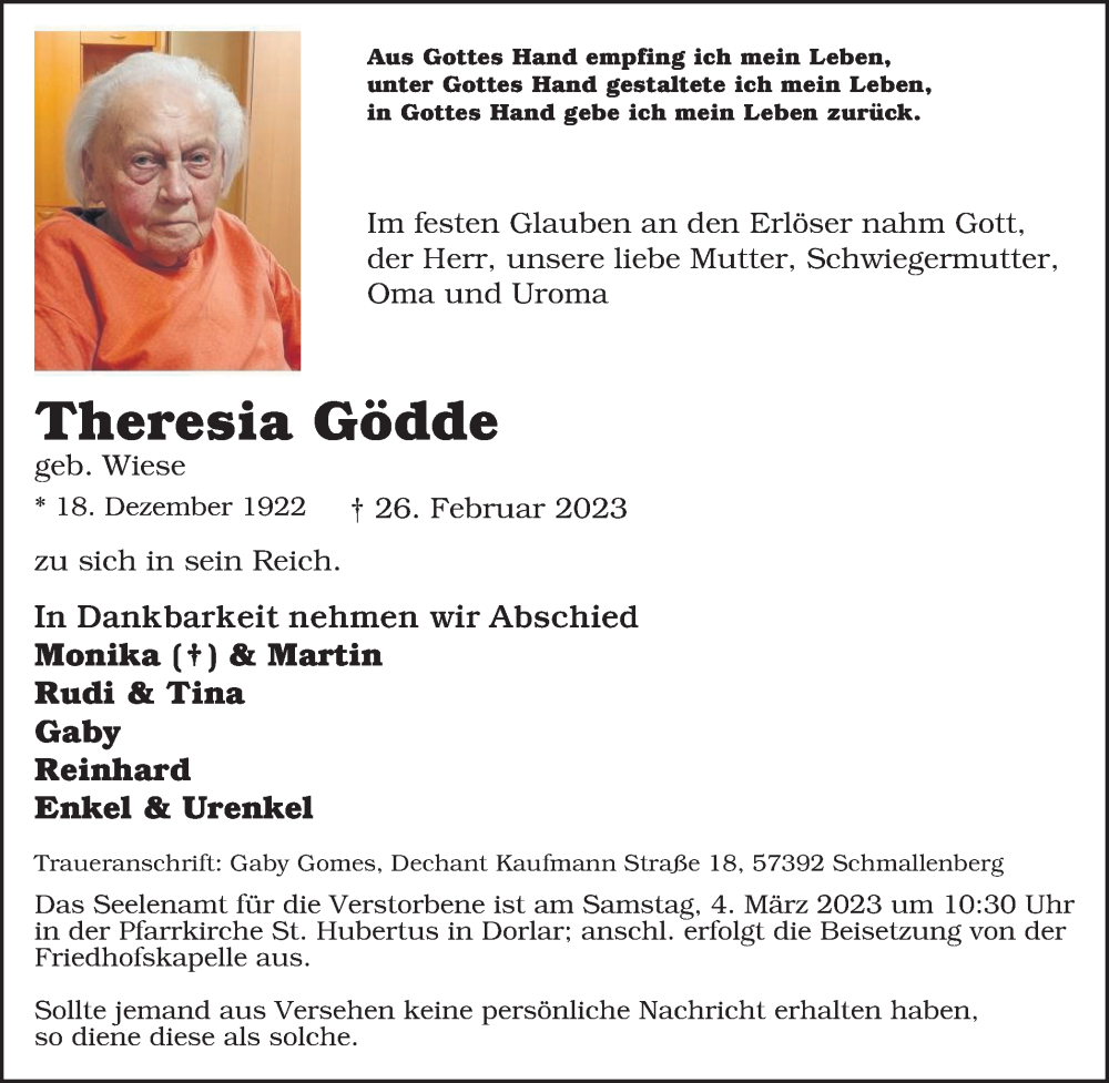 Traueranzeigen von Theresia Gödde Trauer in NRW de