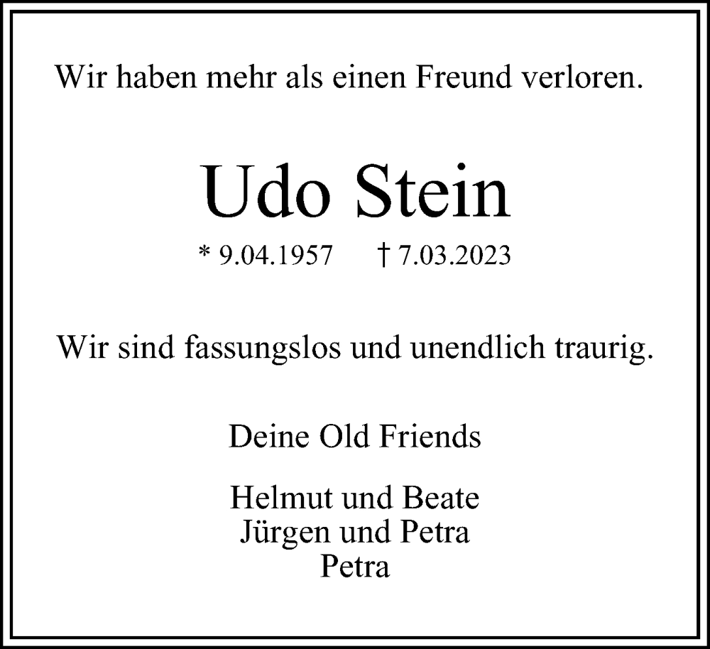 Traueranzeigen Von Udo Stein Trauer In Nrw De