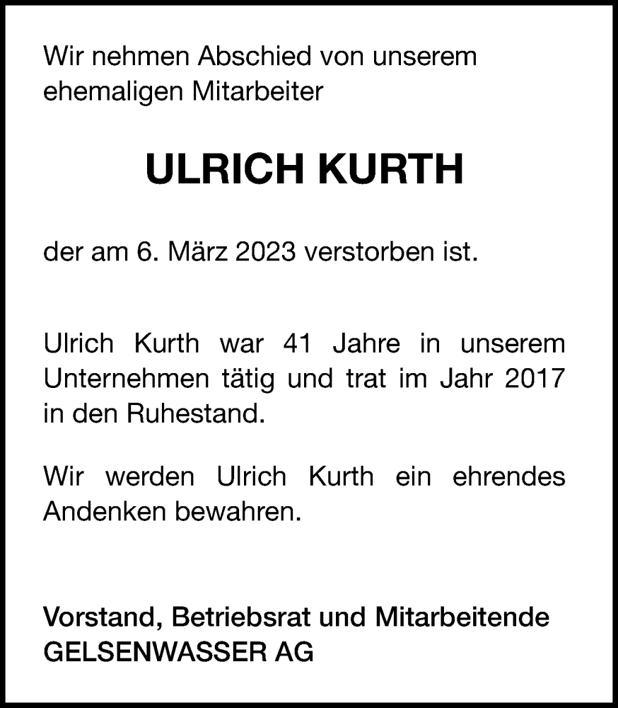 Traueranzeigen Von Ulrich Kurth Trauer In NRW De