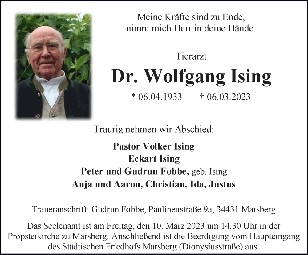 Traueranzeigen Von Wolfgang Ising Trauer In Nrw De