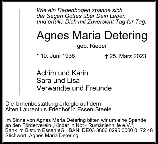 Traueranzeigen Von Agnes Maria Detering Trauer In Nrw De