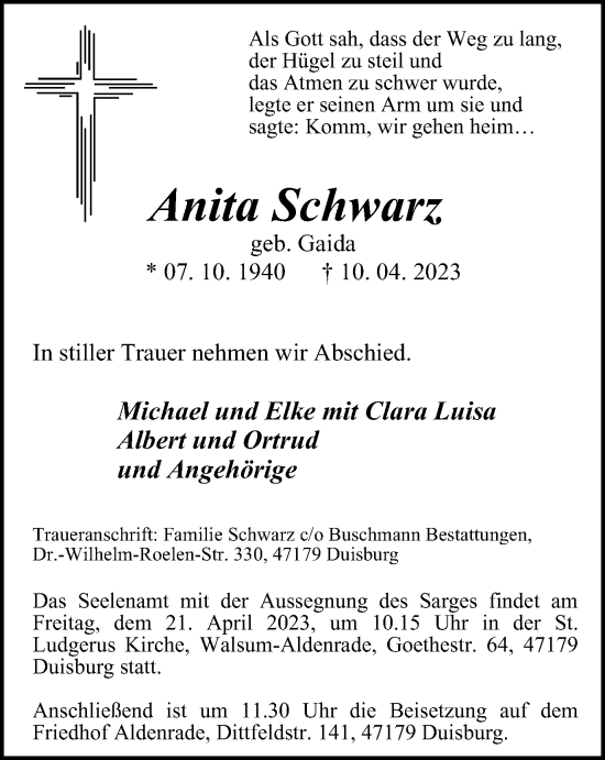 Traueranzeigen Von Anita Schwarz Trauer In Nrw De