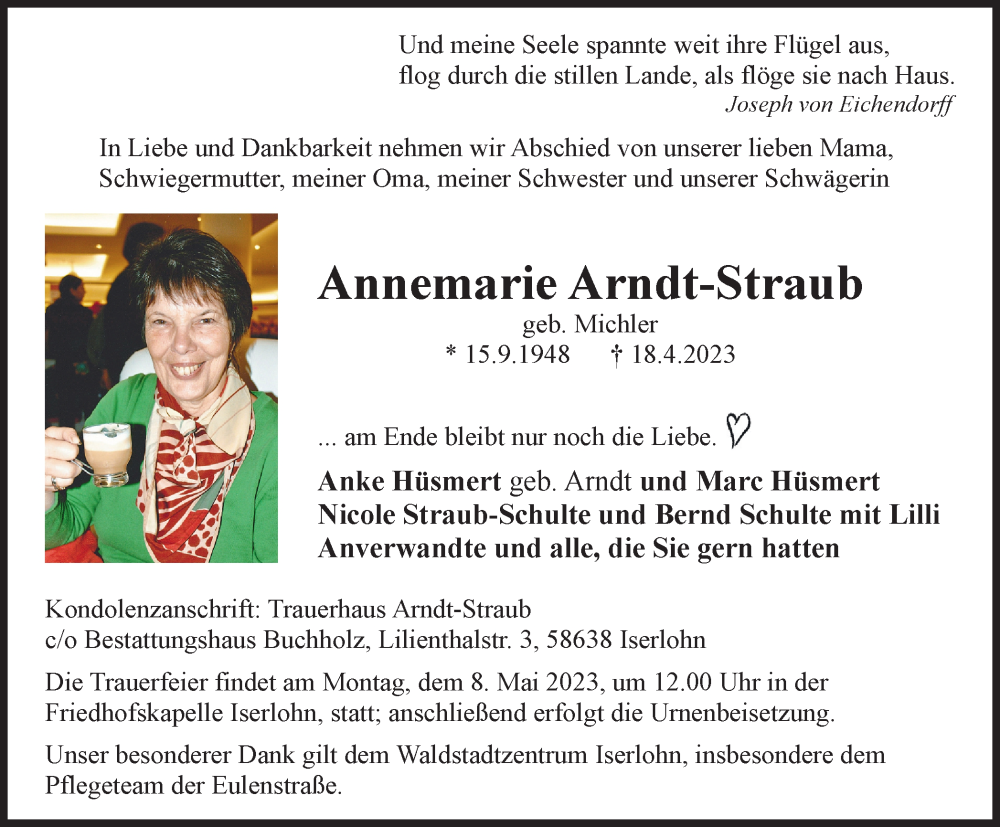 Traueranzeigen Von Annemarie Arndt Straub Trauer In NRW De